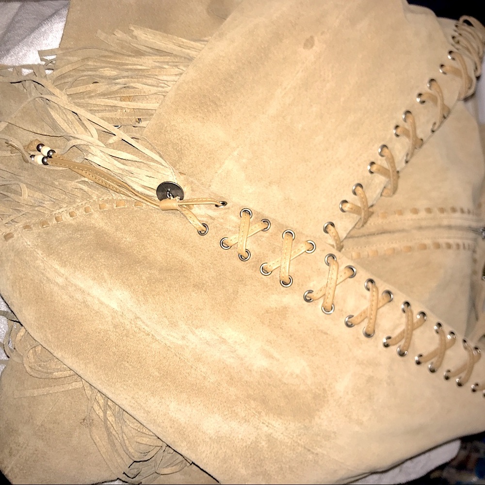 EUVC Rare Cripple Creek M L tan suede braided fringe leather coat VTG - Picture 10 of 17